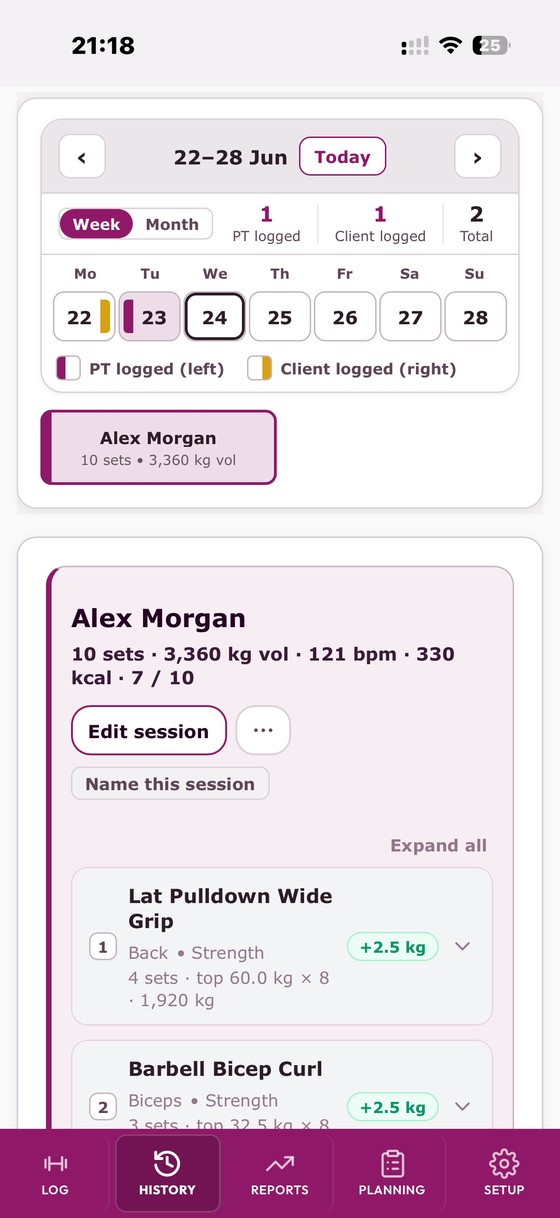 Trainer history screen